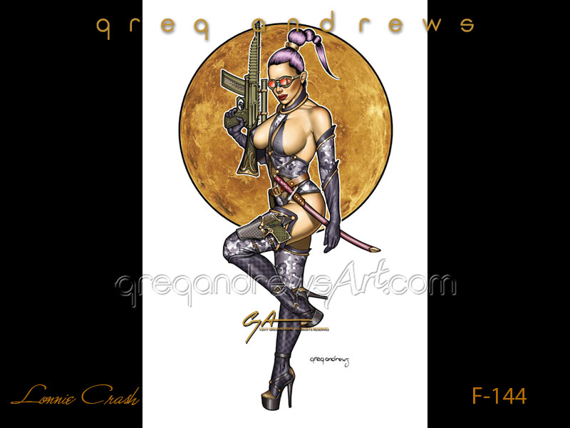 Fantasy pinup titled LONNIE CRASH by artist Greg Andrews Art
