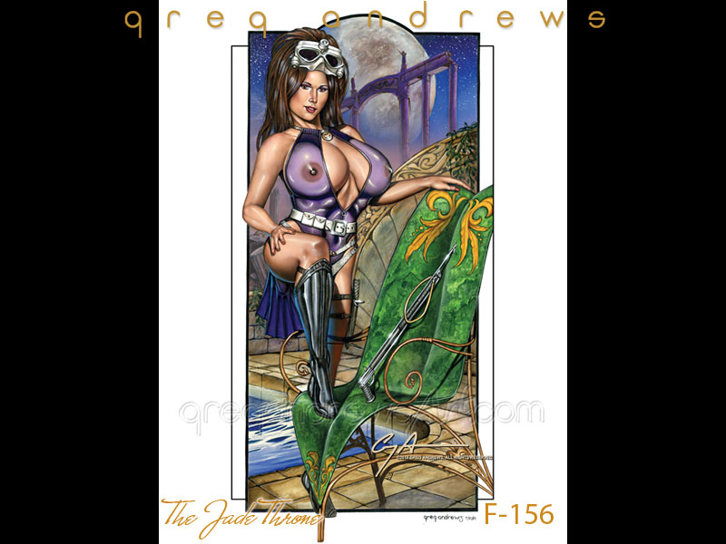 Jade Throne fantasy action pinup art by artist Greg Andrews. Modeled by Genesis Ball Humberger