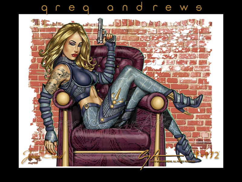Jane Bond fantasy action pinup art by artist Greg Andrews. Modeled by Genesis Ball Humberger