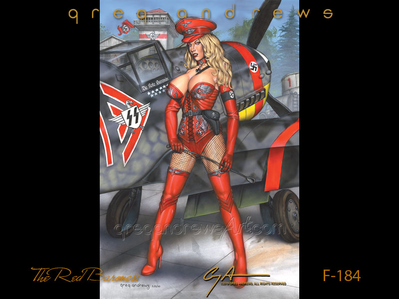 the Red Baroness fantasy action pinup art by artist Greg Andrews. Modeled by Genesis Ball Humberger